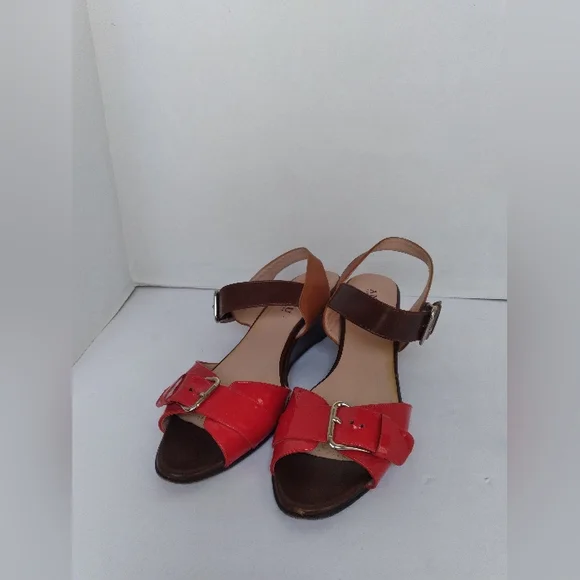 Anyi Lu Red & Brown Leather Ankle Strap Wedge Sandals with Buckle Detail - Picture 5 of 5